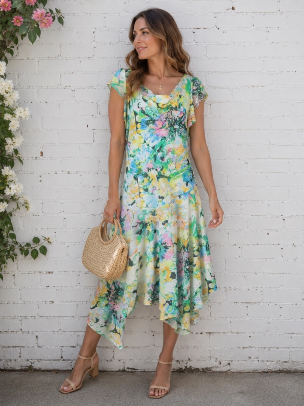 Vintage 90s Jessica Floral Handkerchief Hem Midi Dress Pastel Watercolor Size 14